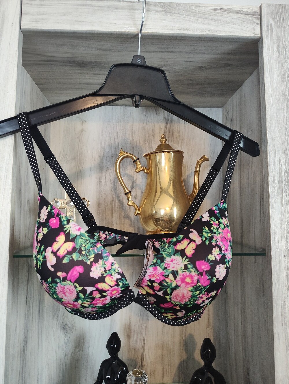 Floral Black & Pink Push-Up Bra - Women Intimates 34DDD
